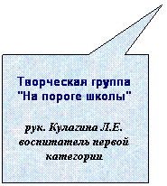 Прямоугольная выноска: Творческая группа "На пороге школы"
рук. Кулагина Л.Е. воспитатель первой категории
